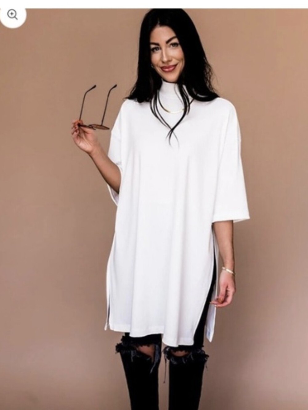 Classic White Ribbed Turtleneck tunic Dress Dressed in LALA